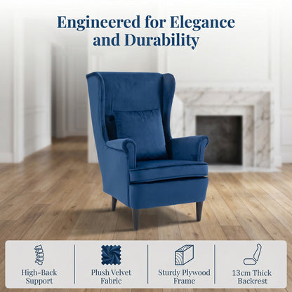 Modern Accent Chair with High Backrest and Pillow, Velvet-Feel Fabric Reading Chair with Solid Wood Legs, Blue