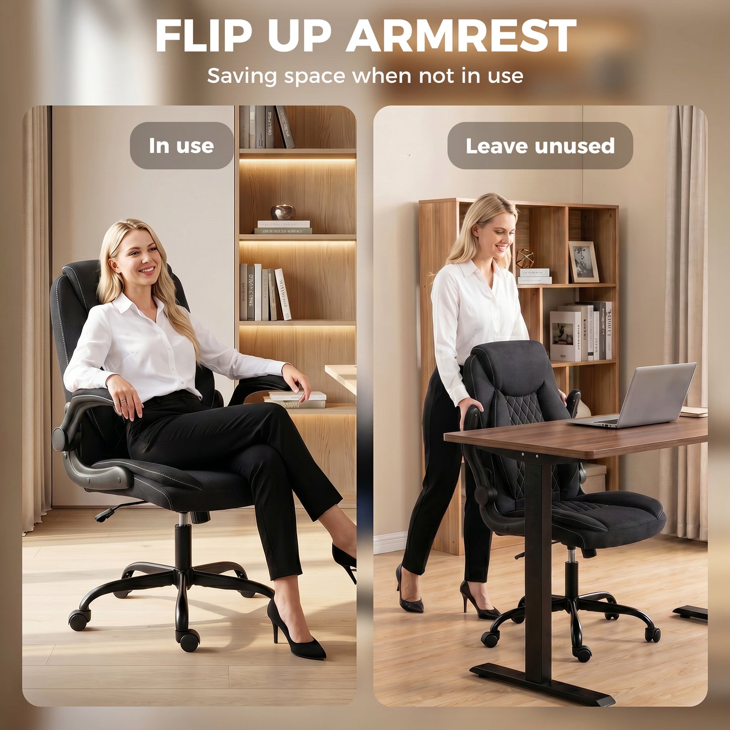 Linen-Look Computer Desk Chair, Executive Office Chair with Flip-Up Armrests and Thick Cushion, Black