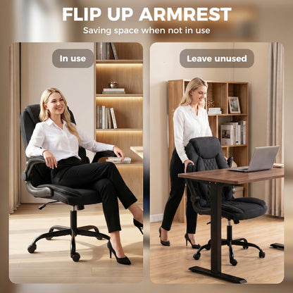 Linen-Look Computer Desk Chair, Executive Office Chair with Flip-Up Armrests and Thick Cushion, Black