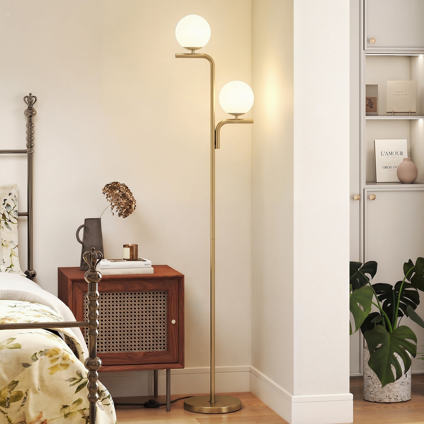 LED Floor Lamp, Modern Standing Lamp with 3 Colour Temperatures, Globe Glass Shades and Foot Switch, Gold Tone