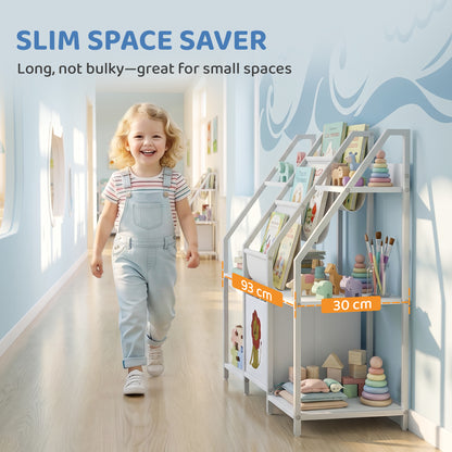 Kids Bookshelf and Toy Storage with 3-Tier Sling Book Rack and Fabric Drawer for Nursery, Bedroom, Playroom, White