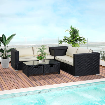 4 Seater Rattan Garden Furniture Set with Storage Box, 2 Drawers Coffee Table, Black