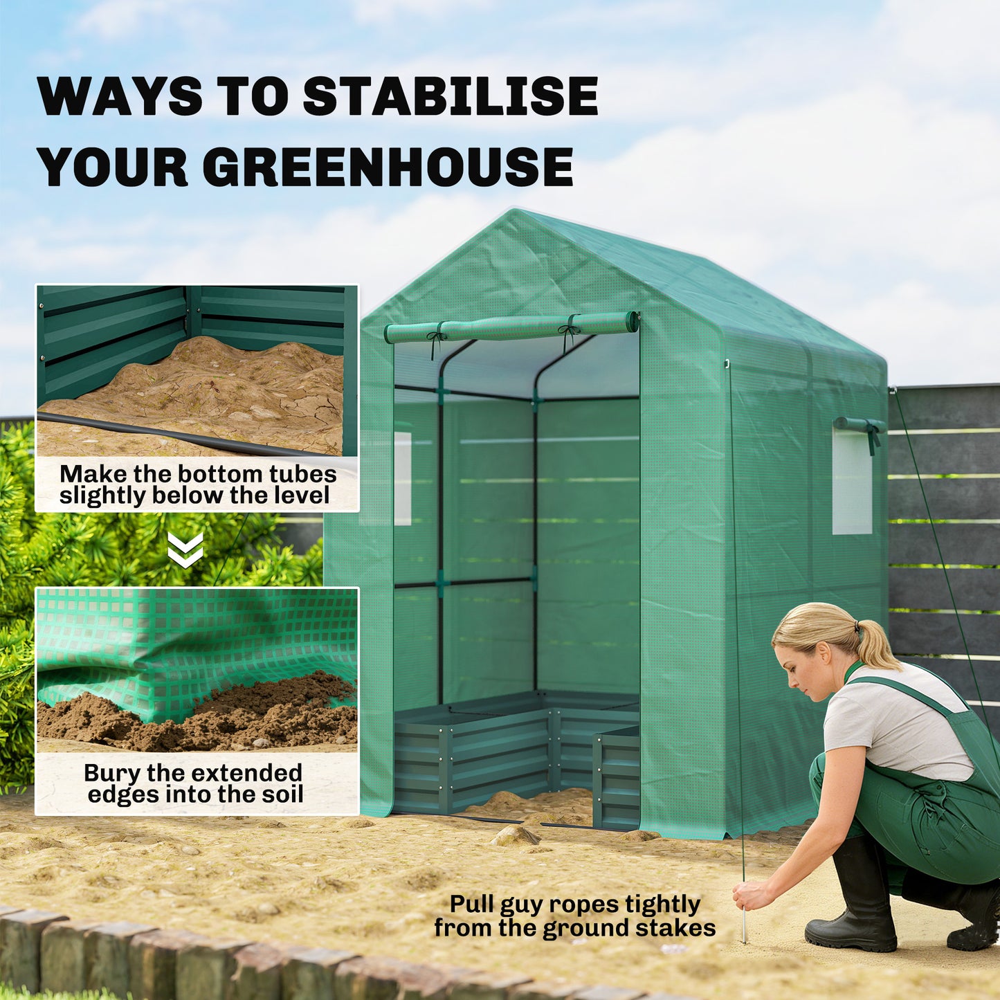 Small Greenhouse with Raised Garden Bed, Galvanised Walk-in Greenhouse with Roll Up Windows, 141 x 141 x 190 cm, Green