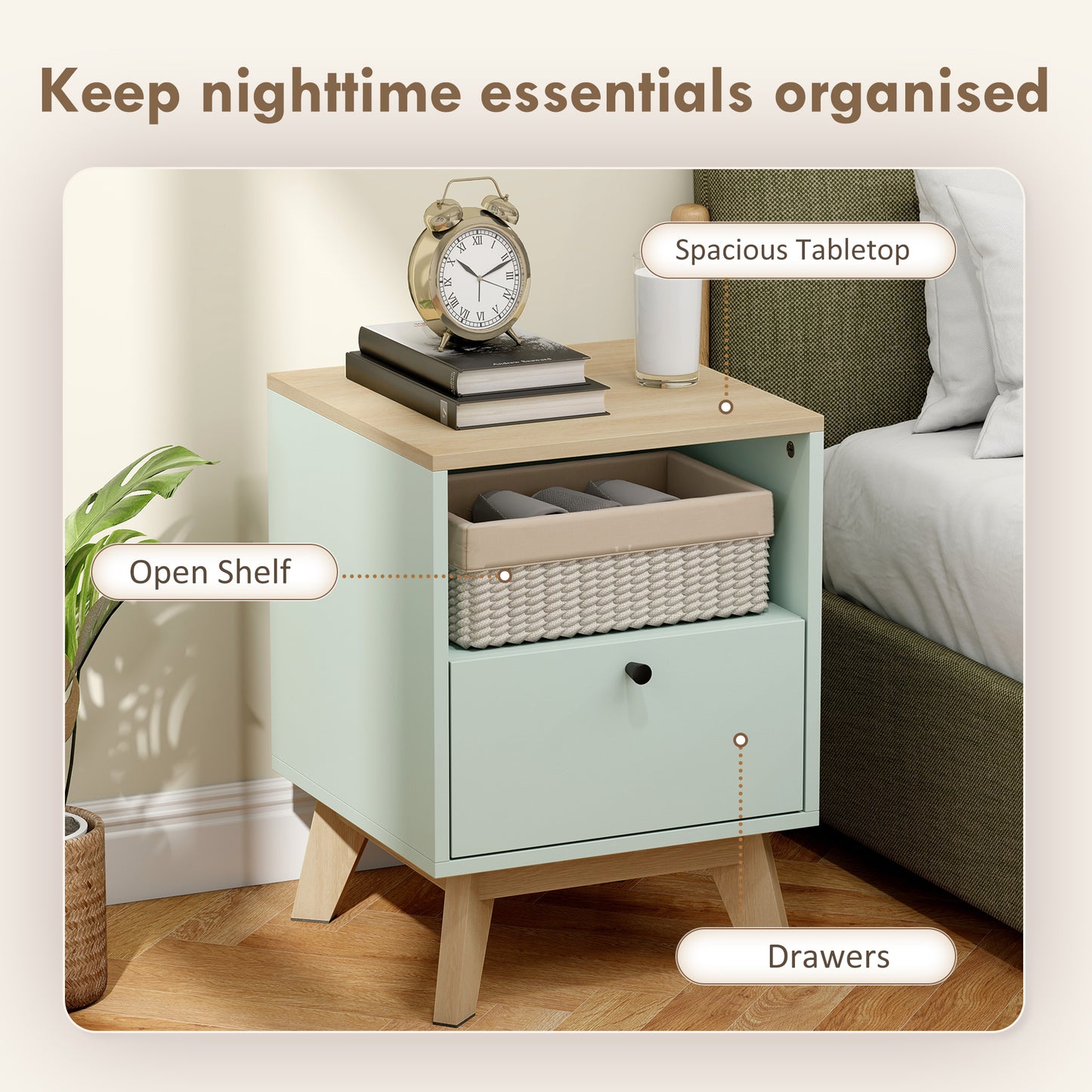 Modern Nightstand Set of 2, Bedside Table with Drawer and Open Shelf, Side End Table for Bedroom, Light Green