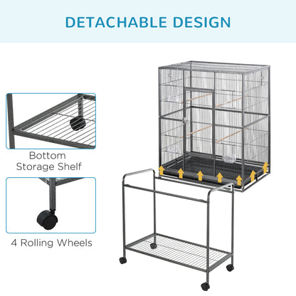 Large Bird Cage Budgie Cage with Stand, Storage Shelf, Wood Perch for Parrot Canary Parakeet Cockatiels, 81 x 48 x 162.5 cm