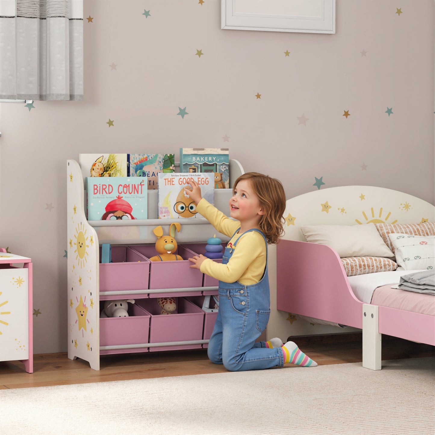 Kids Storage Unit, Toy Organiser with 6 Fabric Drawers and 2-Tier Sling Book Rack for Bedroom, Playroom, Nursery, Pink