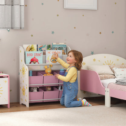 Kids Storage Unit, Toy Organiser with 6 Fabric Drawers and 2-Tier Sling Book Rack for Bedroom, Playroom, Nursery, Pink