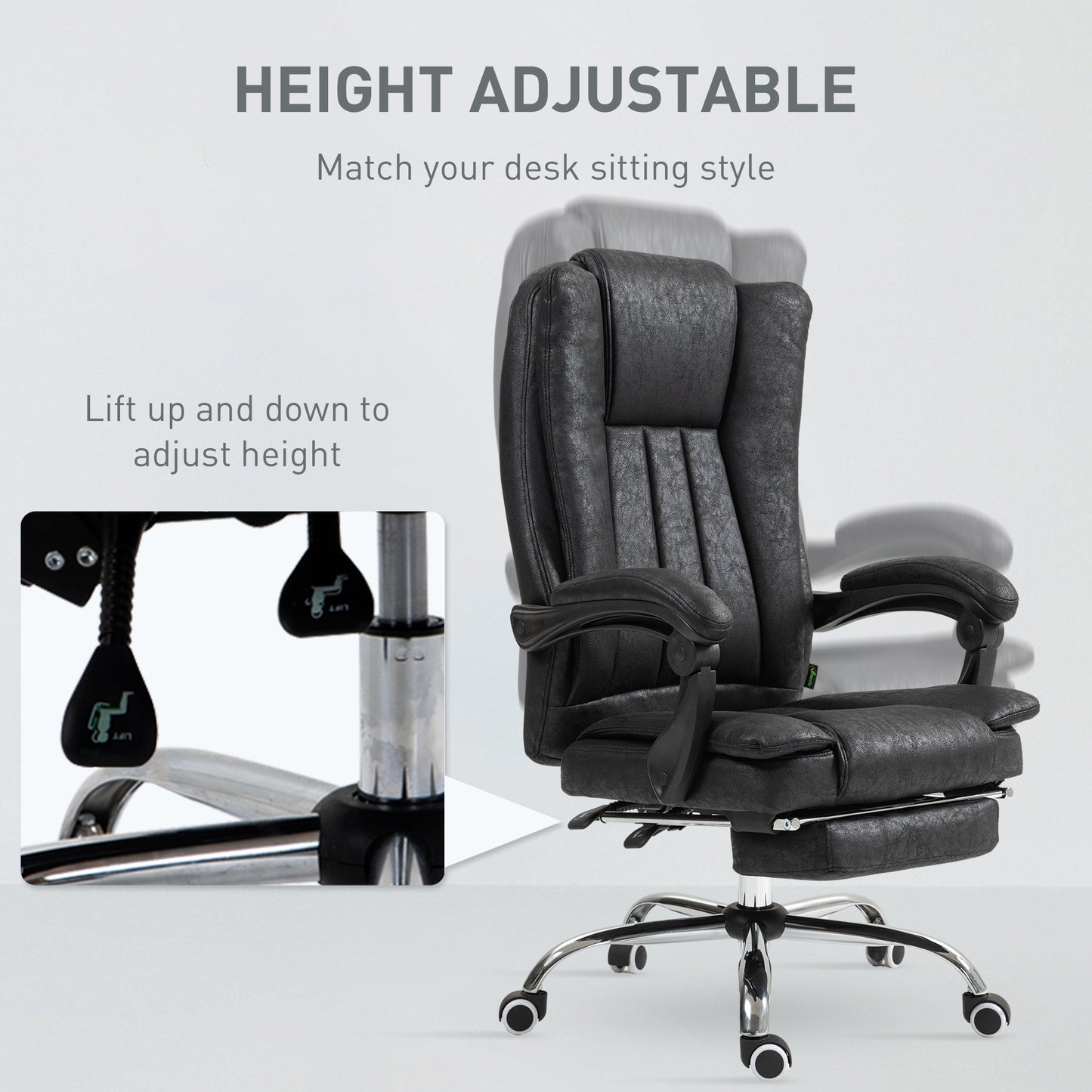 Home Office Chair Microfibre Desk Chair with Reclining Function Armrests Swivel Wheels Footrest Black