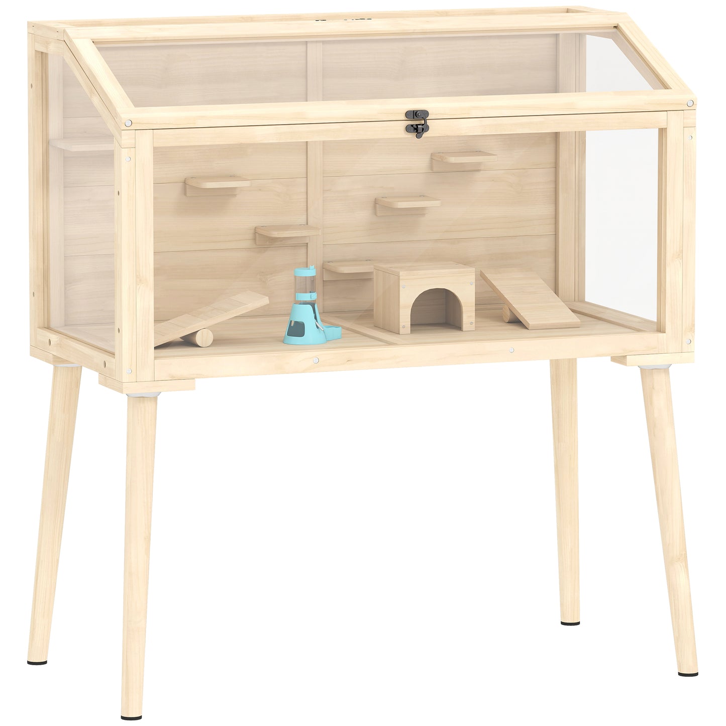 Wooden Hamster Cage, Hamster Habitat with Openable Top, Seesaws, Platforms, Water Bottle for Gerbils, 110 x 52 x 101 cm
