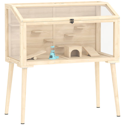 Wooden Hamster Cage, Hamster Habitat with Openable Top, Seesaws, Platforms, Water Bottle for Gerbils, 110 x 52 x 101 cm