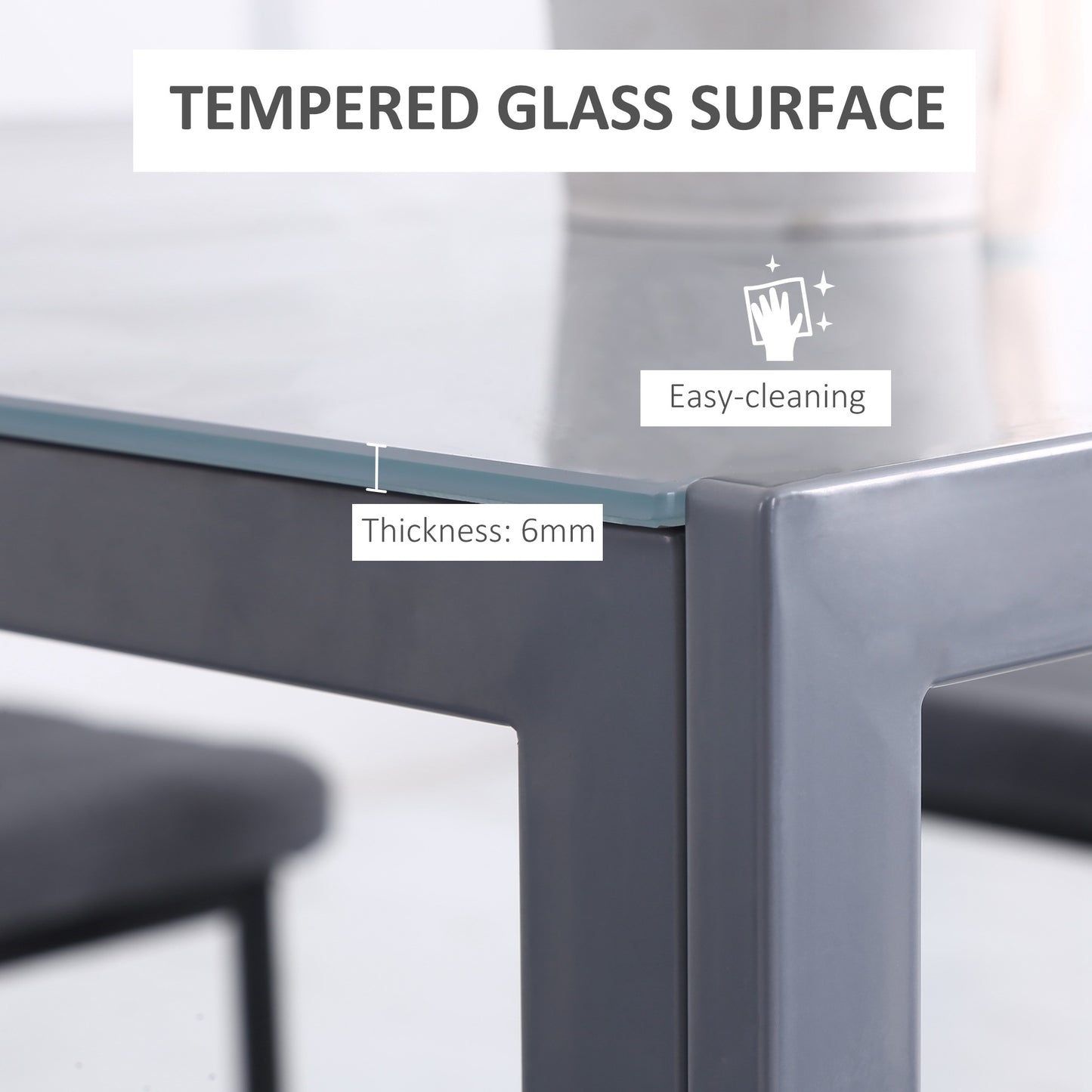 Modern Square Dining Table for 2-4 People, with Glass Top & Metal Legs for Dining Room, Living Room, Grey