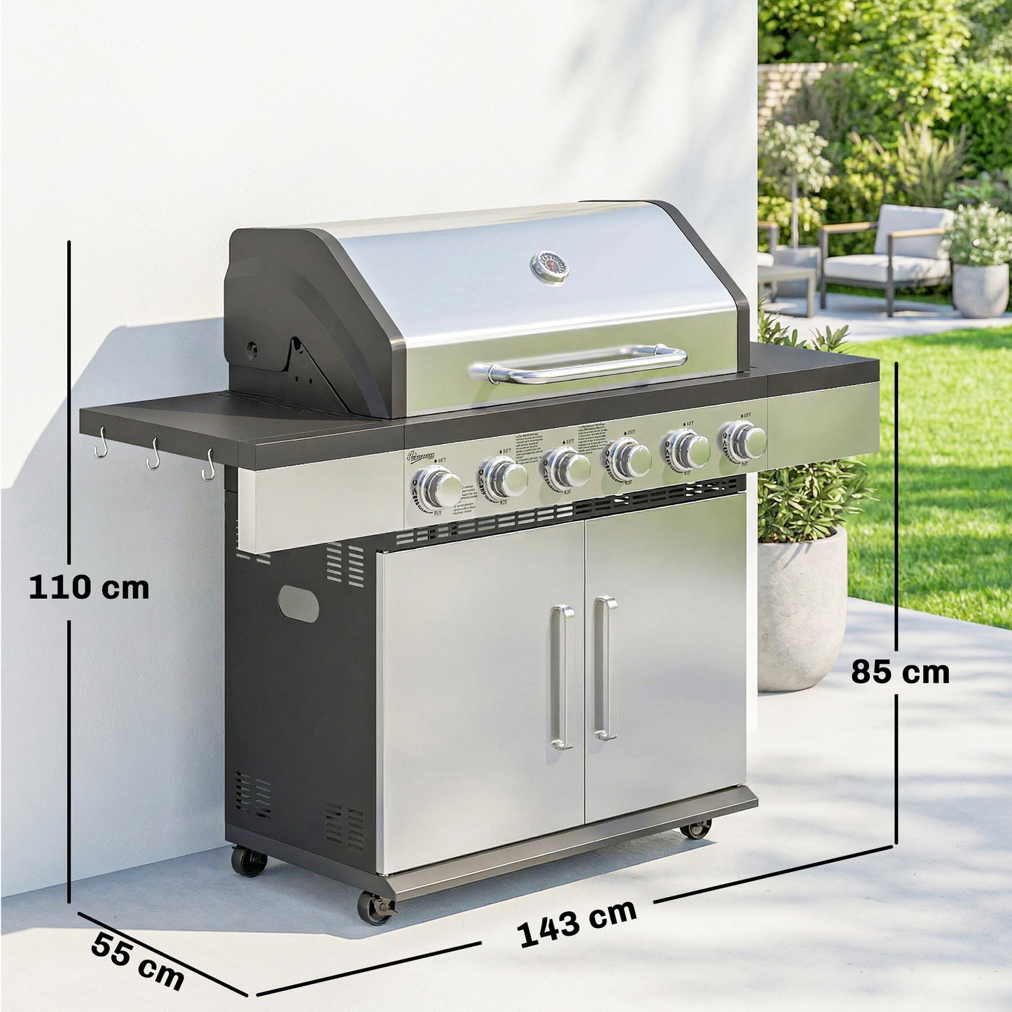 6 Burner Liquid Propane Gas BBQ Grill, Outdoor Portable Gas Barbecue Grill with Warming Rack, Side Tables, Cabinet