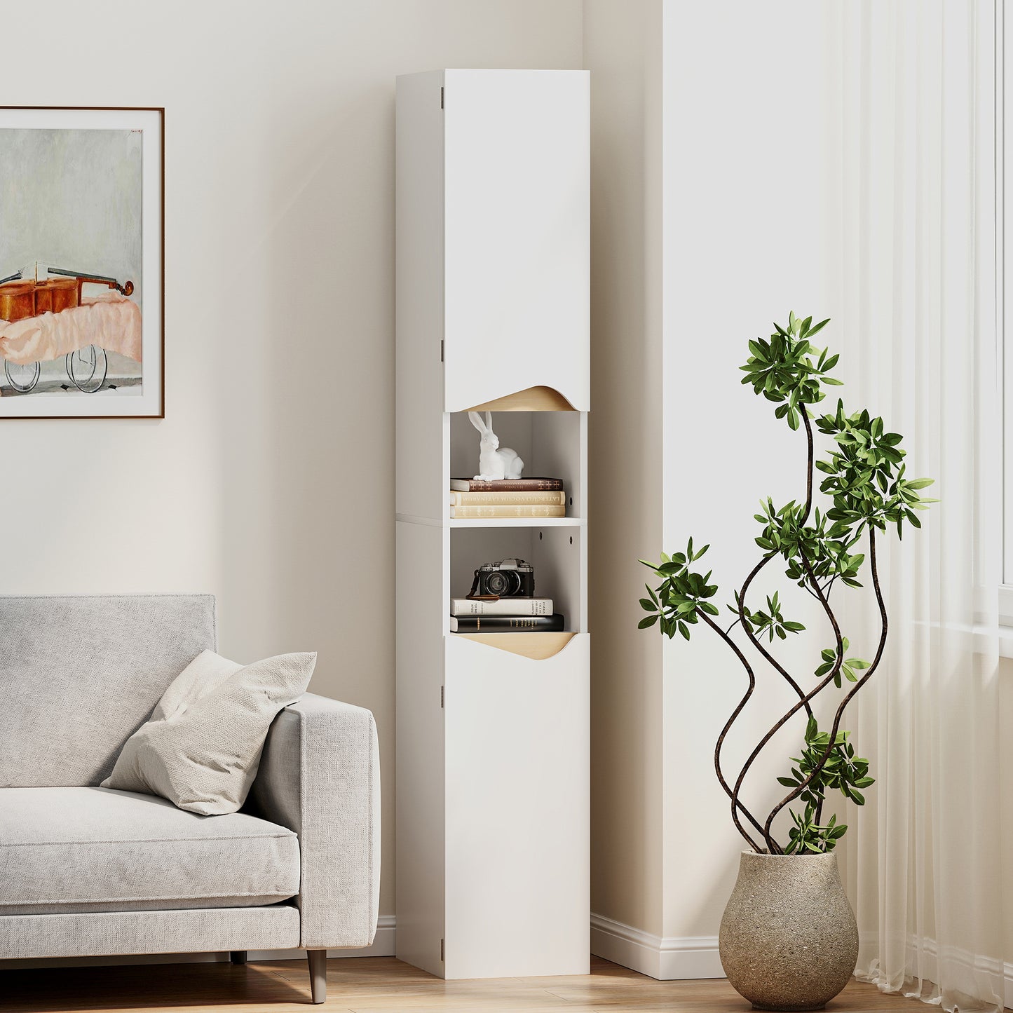Tall Slim Bathroom Cabinet with 2 Doors, 2 Shelves - White