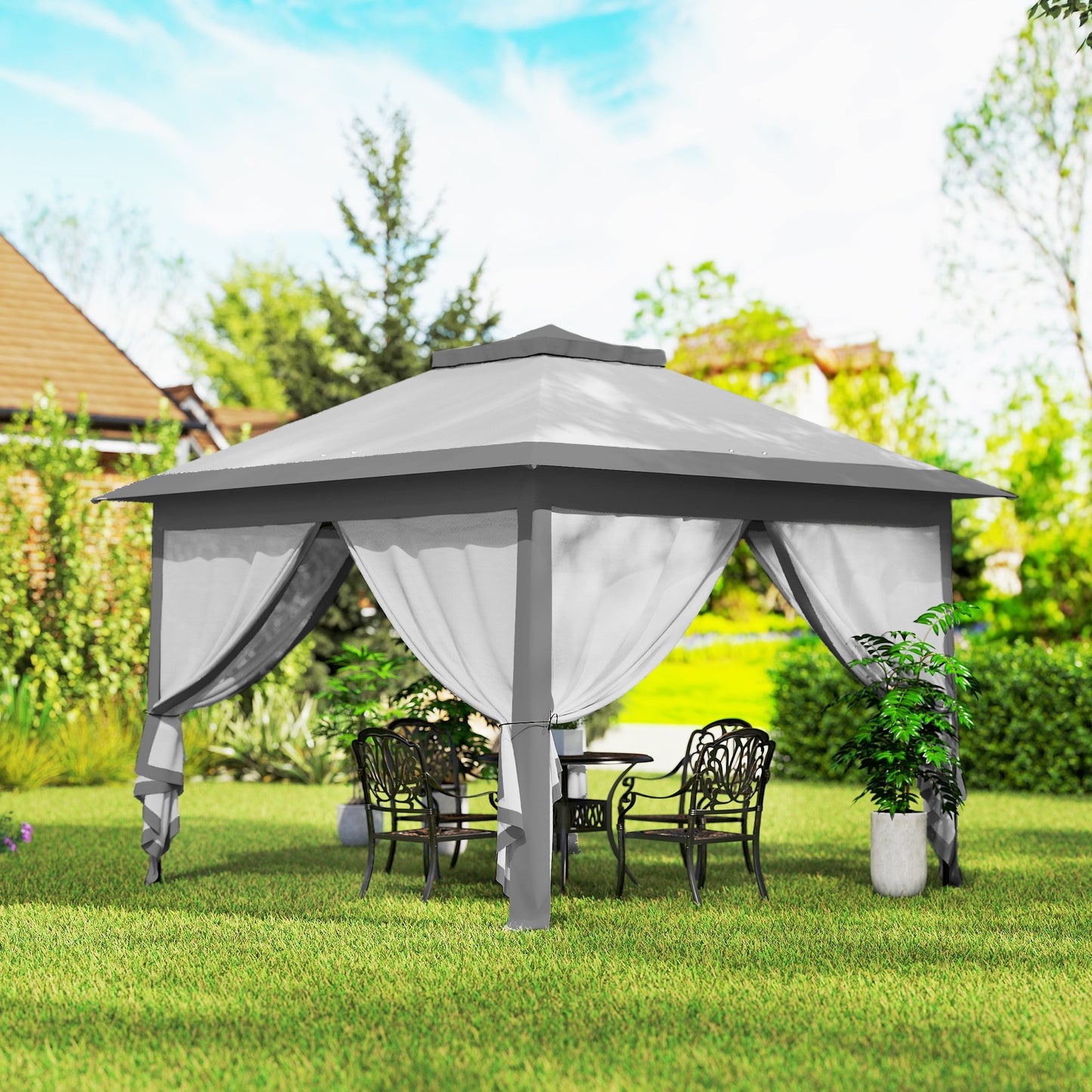 3.3 x 3.3m Pop Up Gazebo, Double Roof Foldable Canopy Tent with Zipped Mesh Sidewalls, Height Adjustable and Carrying Bag