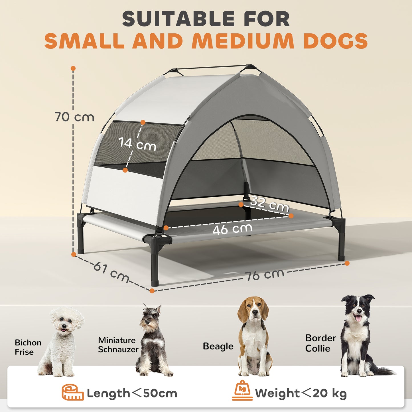 Portable Elevated Dog Bed with Removable Canopy, Cooling Raised Pet Cot for Small Medium Dogs, 76 x 61 x 70 cm