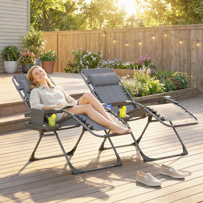 Zero Gravity Chairs Set of 2, Folding Sunloungers Reclining Garden Chairs with Cup Holder, Headrest, Dark Grey