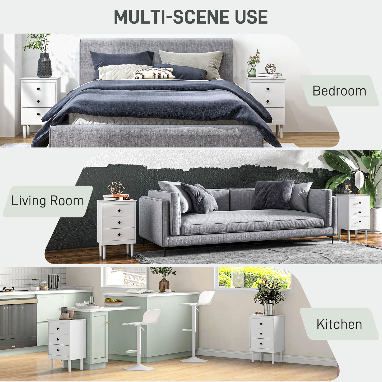 Set of Two Three-Drawer Bedside Tables - White