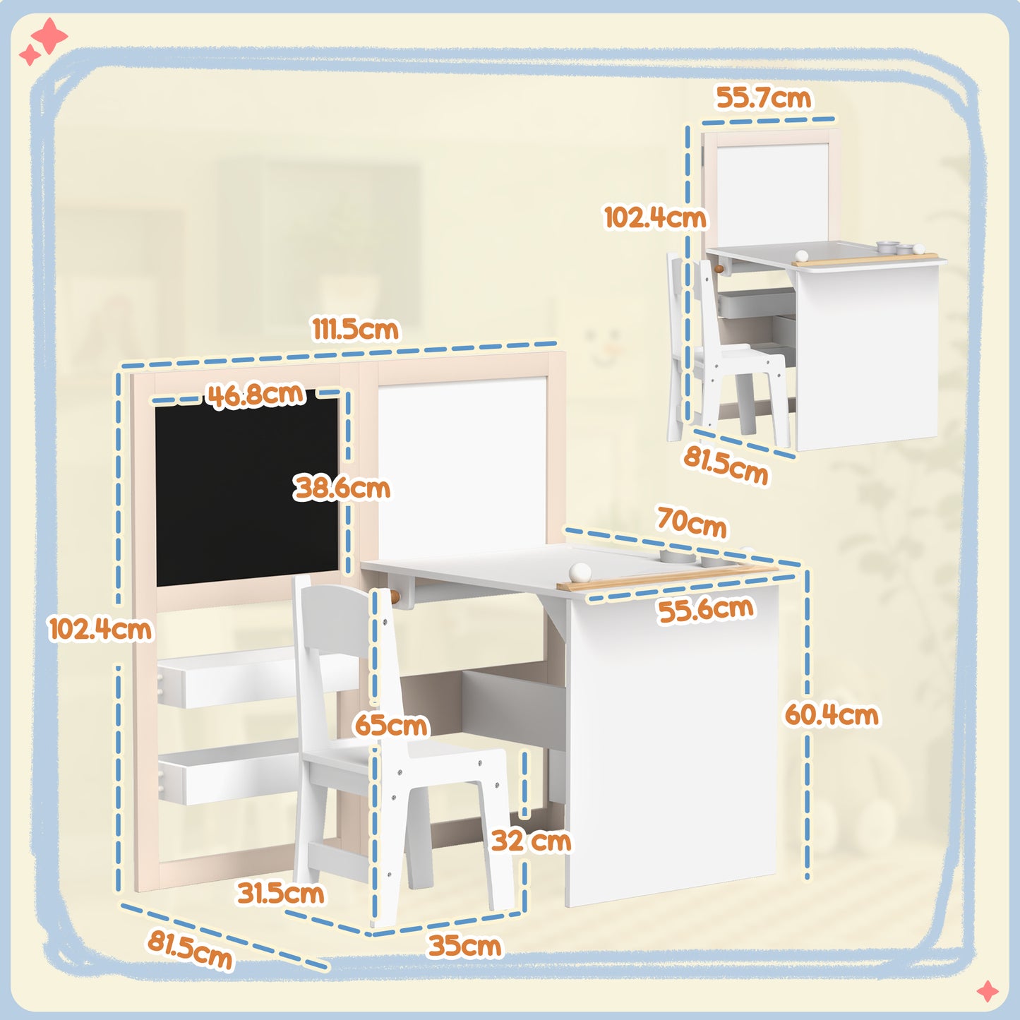 3 in 1 Kids Table and Chair Set with Storage, Whiteboard, Blackboard & Roll Paper for 3-8 Years, White