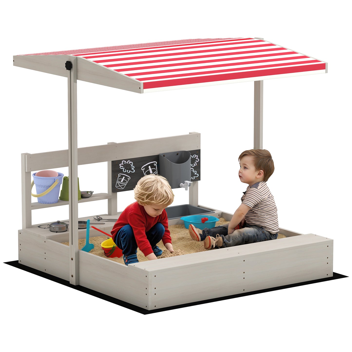 Kids Wooden Sandbox w/ Canopy, Kitchen Toys, Seat, Storage, for Ages 3-7 Years