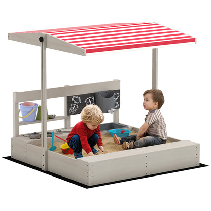 Kids Wooden Sandbox w/ Canopy, Kitchen Toys, Seat, Storage, for Ages 3-7 Years