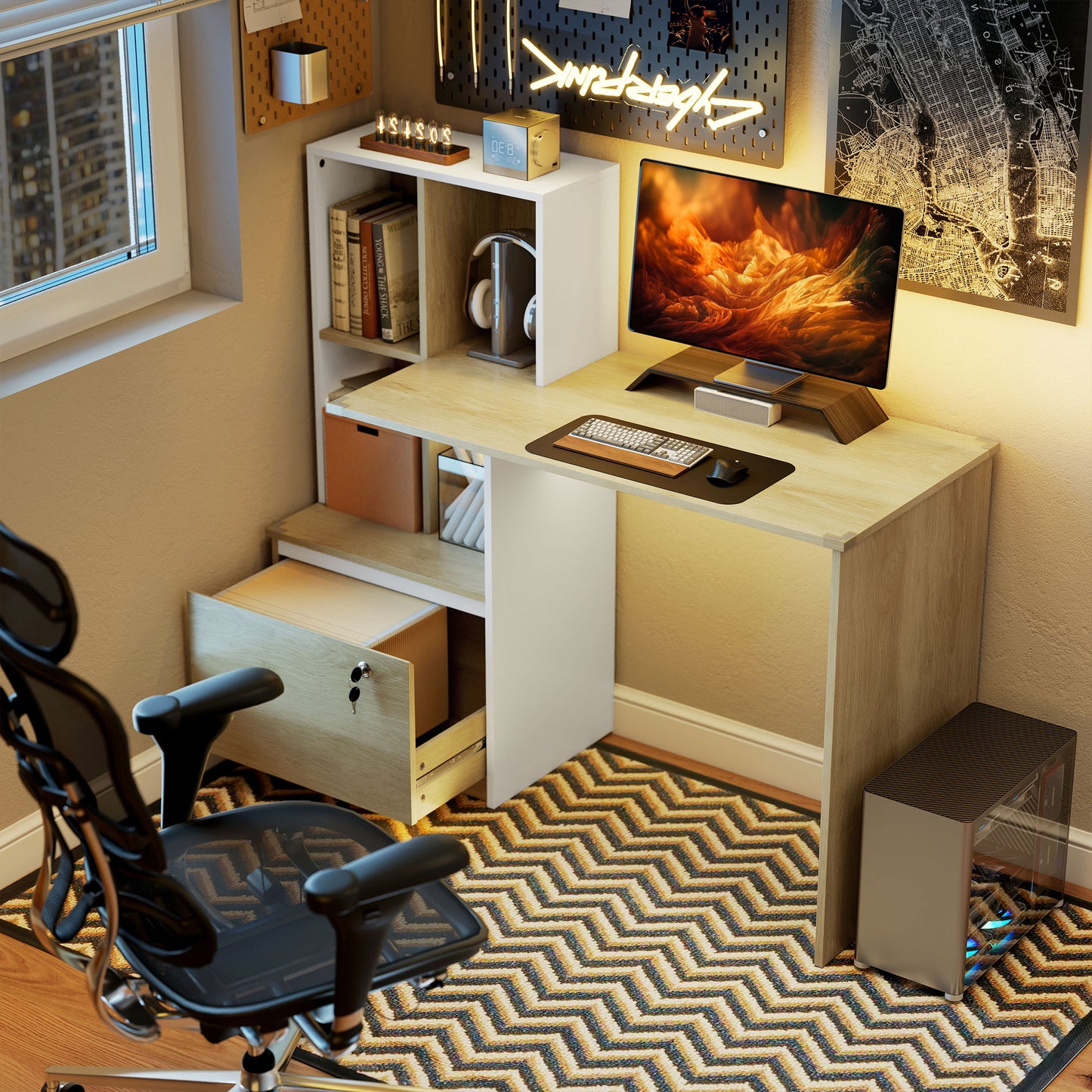Computer Desk, Office Desk with Bookshelf, File Drawer and Legal Hanging File Holders, Oak Wood Effect