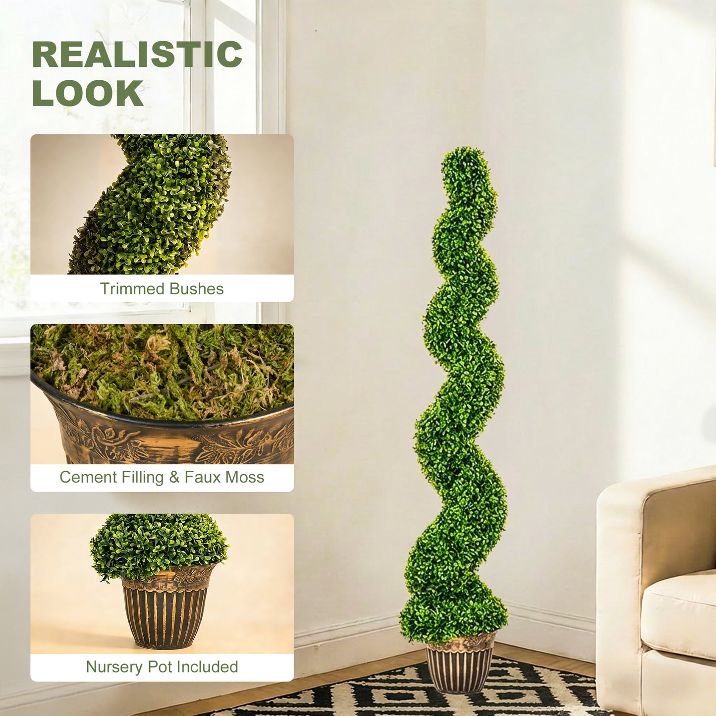 Set of 2 Artificial Plants, Topiary Spiral Boxwood Trees with Pot, for Home Indoor Outdoor Decor, 150cm