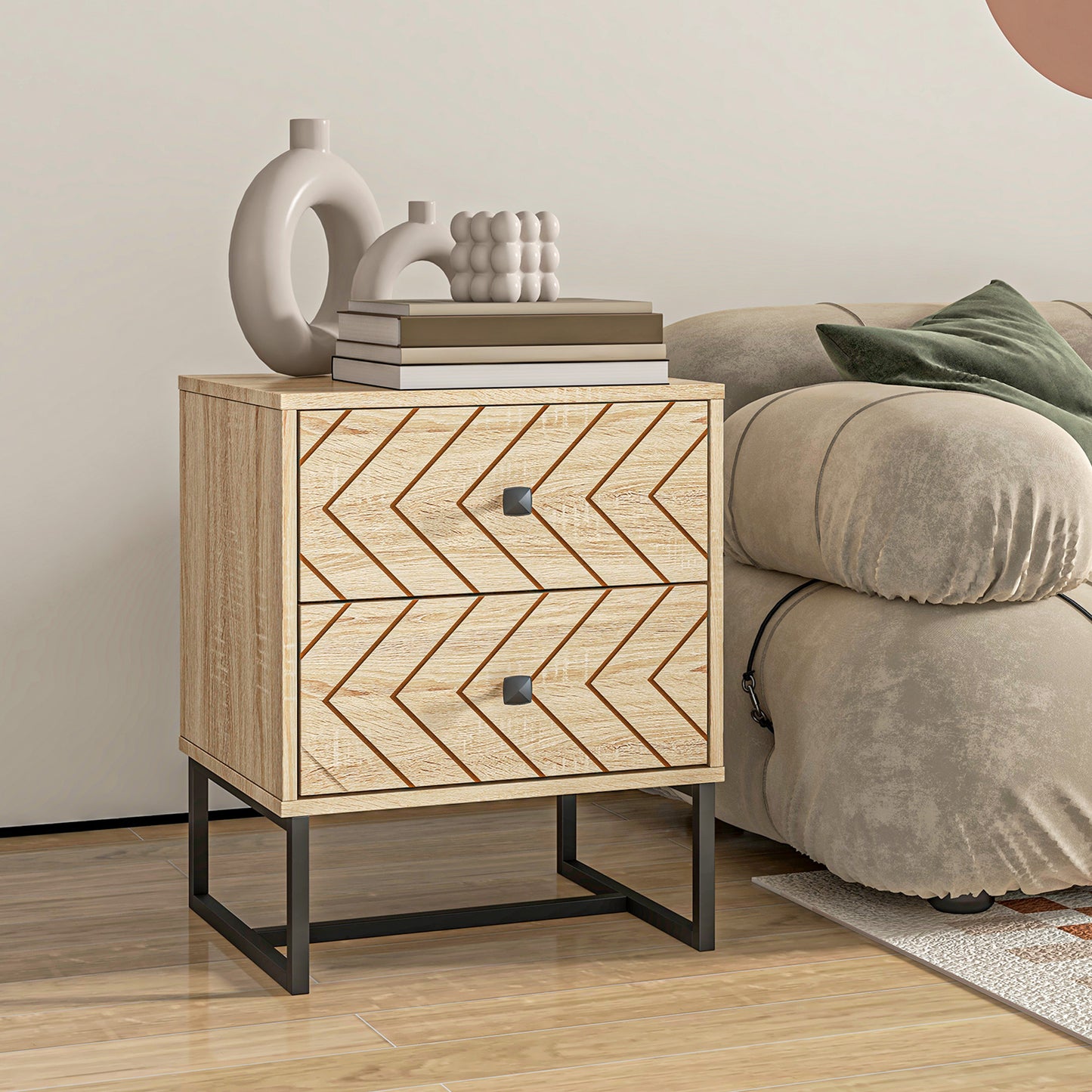 Bedside Table Nightstand Two-Drawer Bedroom Storage Unit Zig Zag Design with Black Metal Handles, Natural