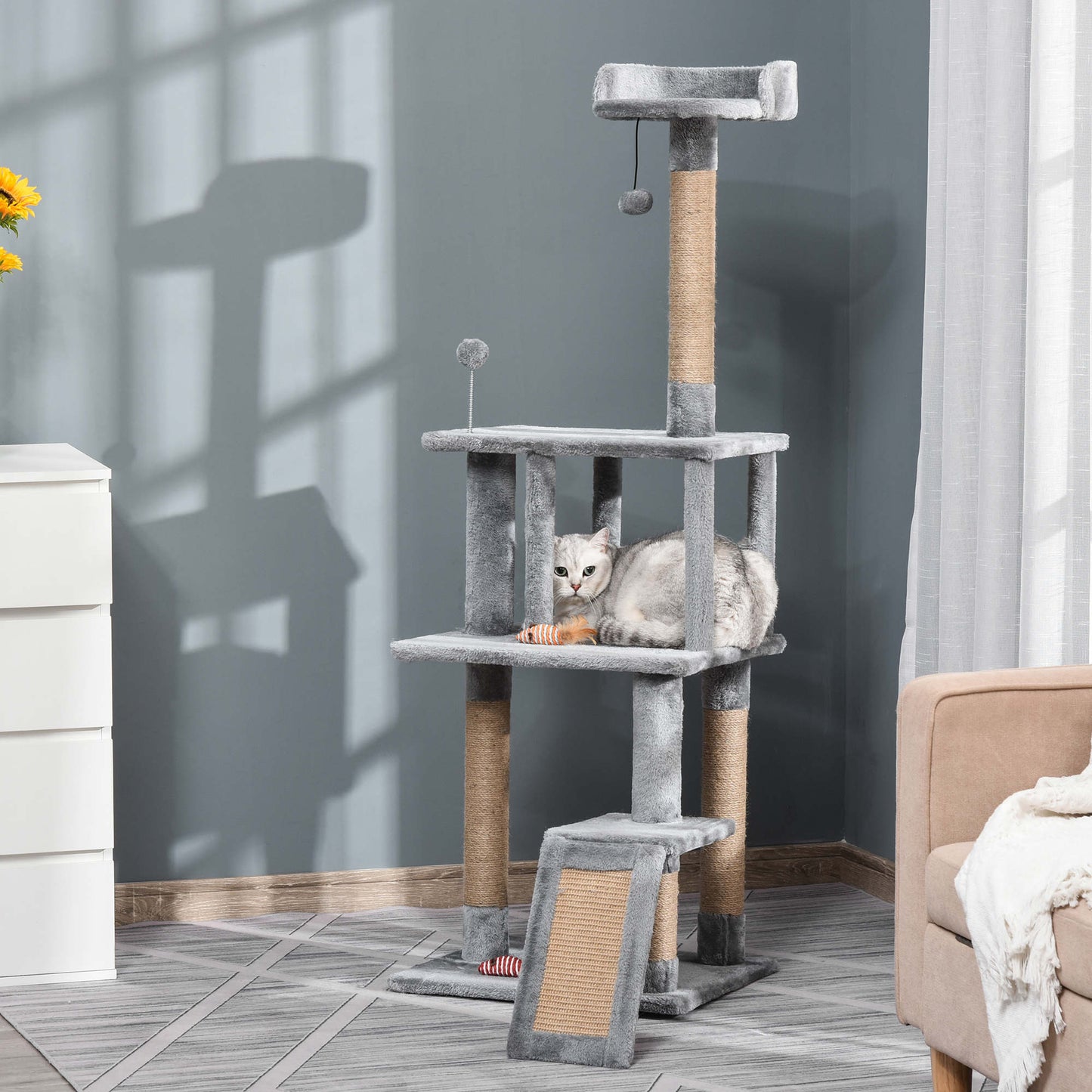Cat Tree Tower 142cm Climbing Kitten Activity Center with Jute Scratching Post Board, Removable Felt Hanging Toy, Grey