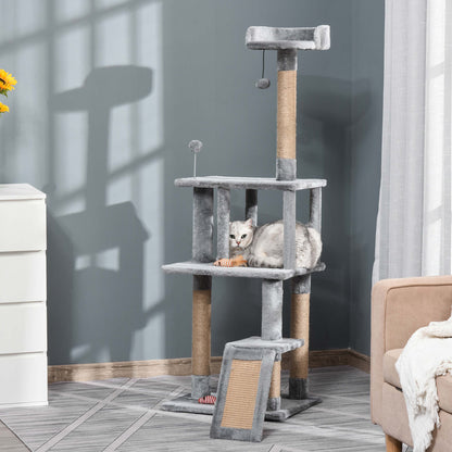 Cat Tree Tower 142cm Climbing Kitten Activity Center with Jute Scratching Post Board, Removable Felt Hanging Toy, Grey