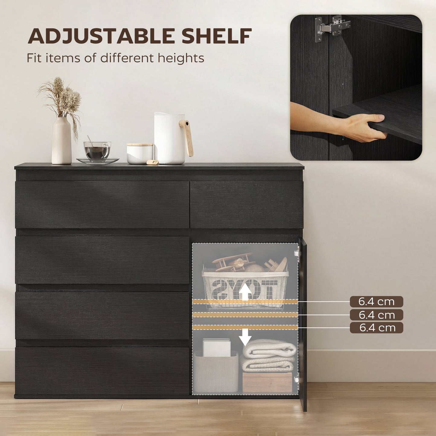 Modern Chest Of Drawers, 5 Drawer Dresser with Adjustable Shelf, Soft-Close Door, Black