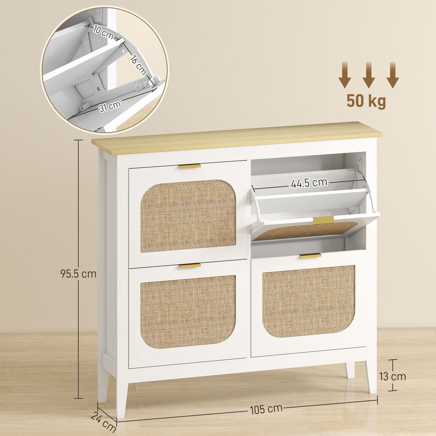 Narrow Shoe Cabinet, Boho Slim Shoe Storage Cabinet with 4 Flip Drawers, Holds 20 Pairs, White