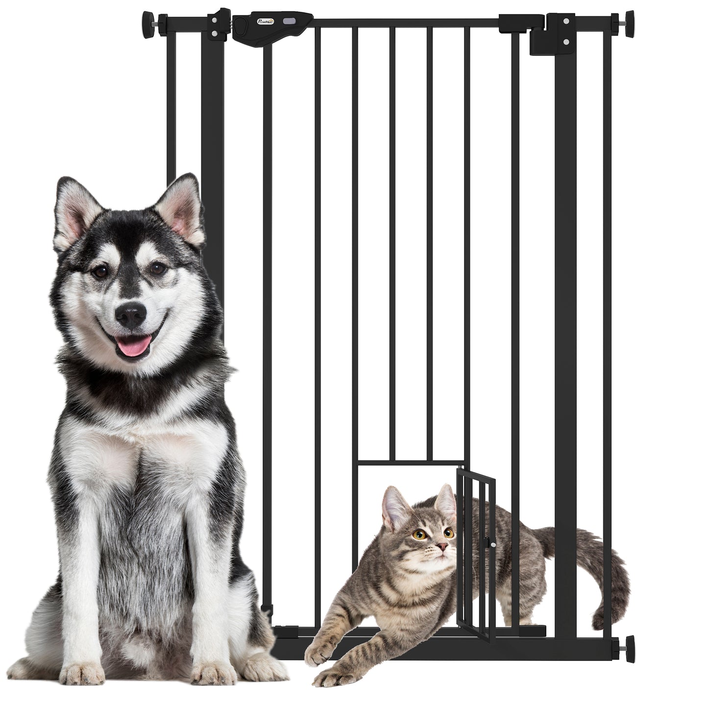 Extra Tall Pet Gate, Indoor Dog Safety Gate, with Cat Flap, Auto Close, 74-80cm Wide - Black