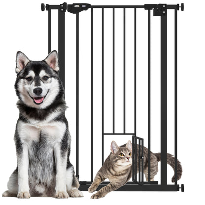 Extra Tall Pet Gate, Indoor Dog Safety Gate, with Cat Flap, Auto Close, 74-80cm Wide - Black