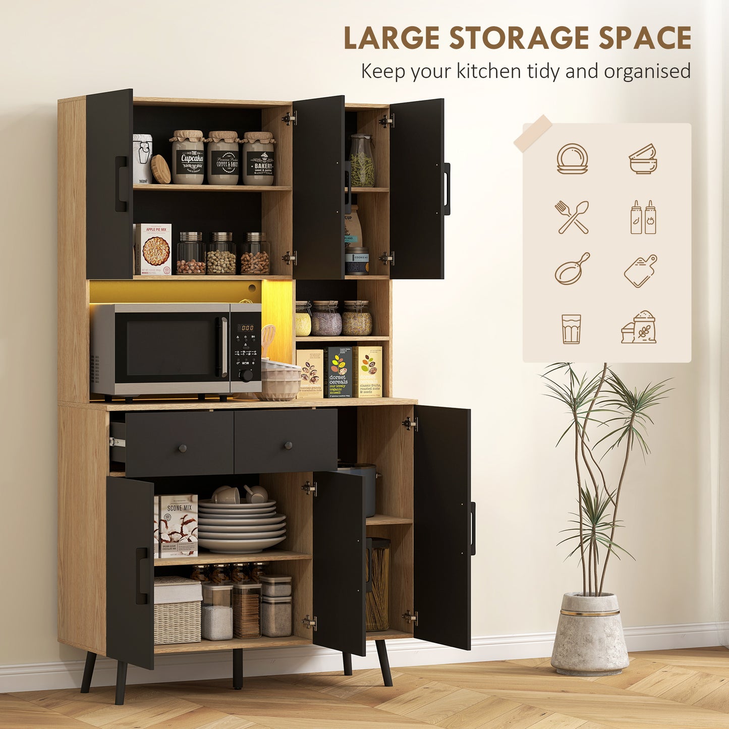 176 cm Kitchen Cupboard with LED Lights - Oak and Black
