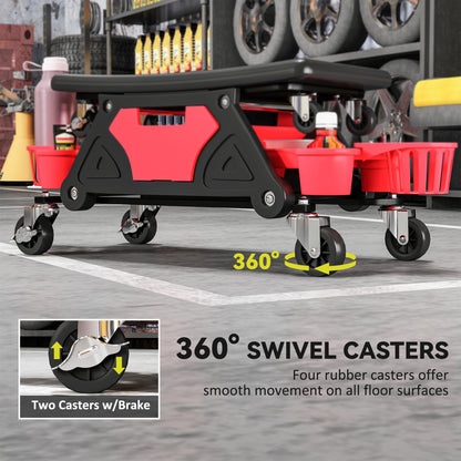 Rolling Mechanic Stool, 135kg Capacity Workshop Stool with 360° Swivel Wheels, Roller Creeper Seat with Slide Out Tool Trays