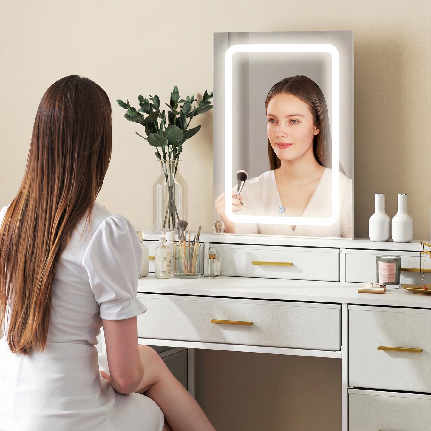 Multi-Storage Elegant Dressing Table, with LED Mirror - White