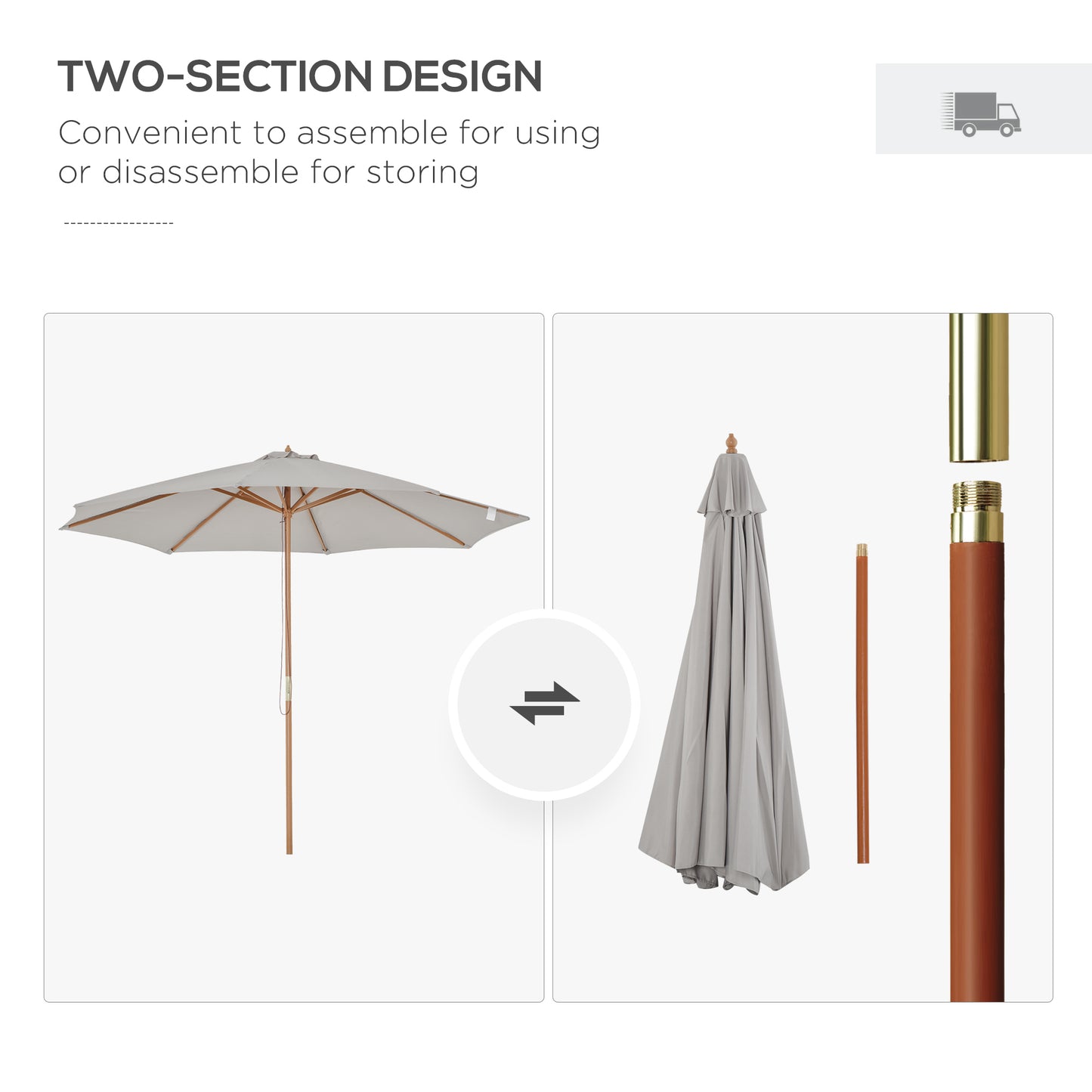3(m) Garden Parasol, Pulley Operated Patio Umbrella, Wooden Table Market Umbrella with Rope Pulley Mechanism and 8 Ribs, Grey