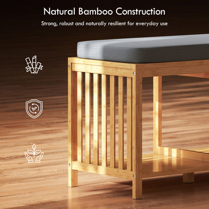 Bamboo Shoe Bench, Entryway Storage Bench with Padded Cushion and Open Shelf, Natural Wood Finish