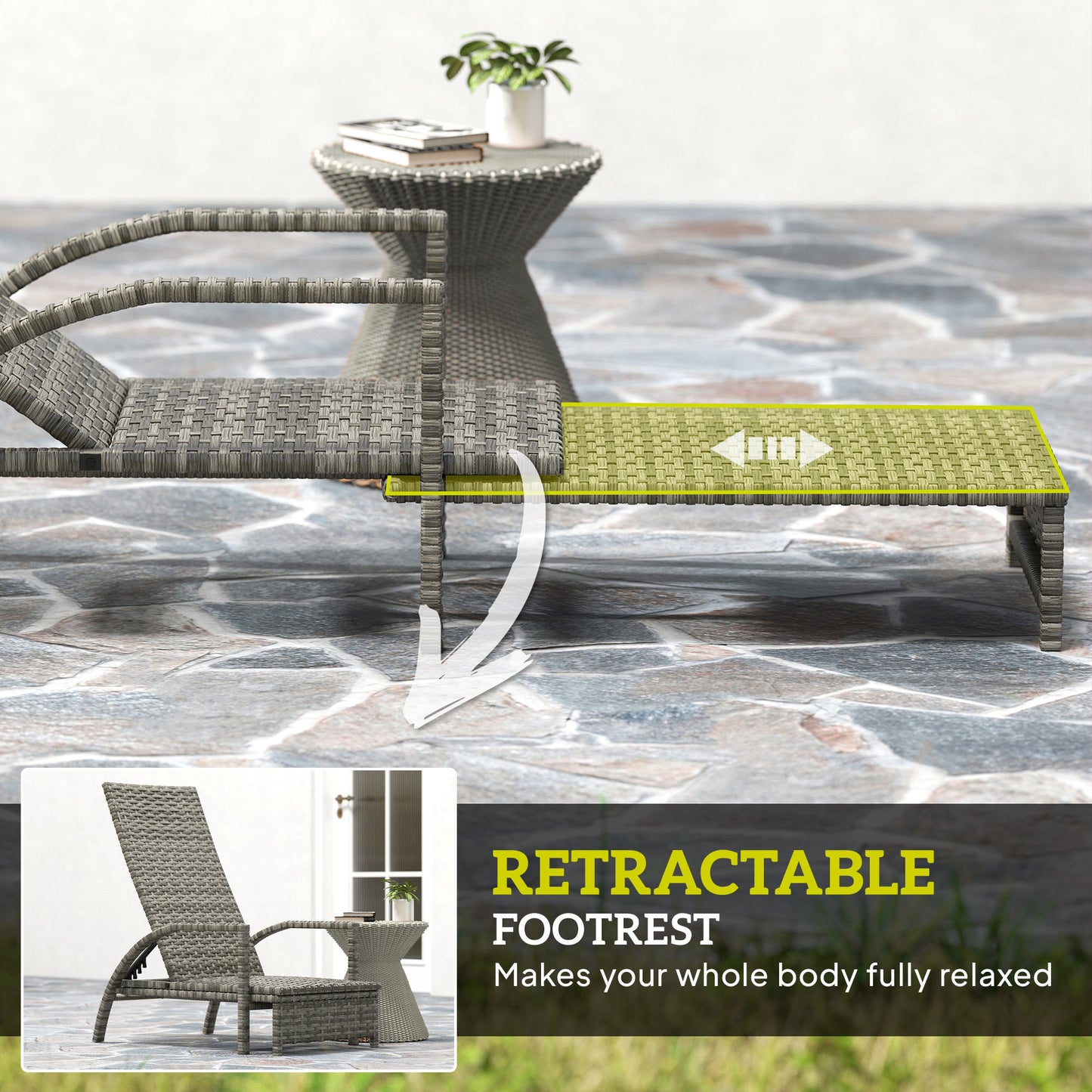 Reclining Rattan Lounger, with Extending Footrest - Grey
