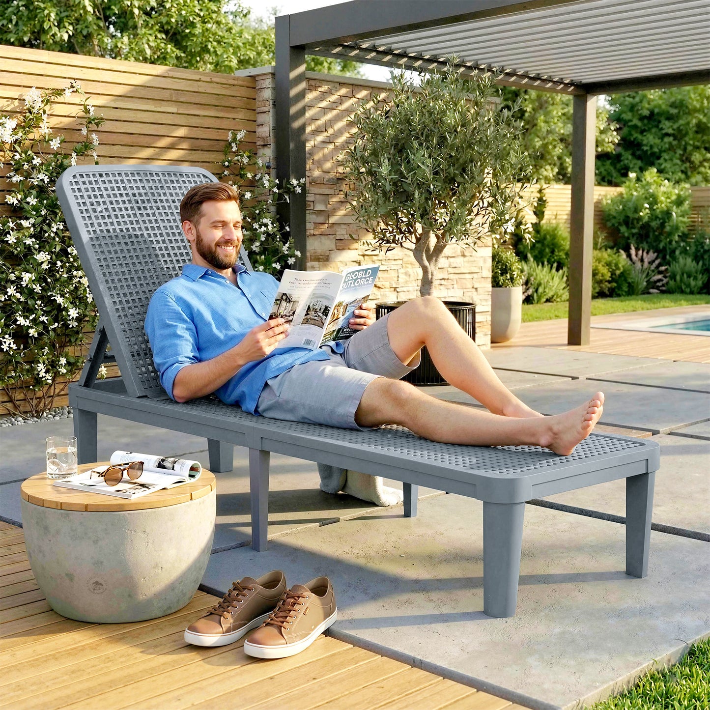 Plastic Sun Lounger, 4-Position Adjustable Reclining Garden Lounger Sunbed for Patio, Beach, Terrace, Dark Grey