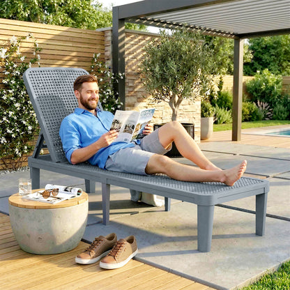 Plastic Sun Lounger, 4-Position Adjustable Reclining Garden Lounger Sunbed for Patio, Beach, Terrace, Dark Grey