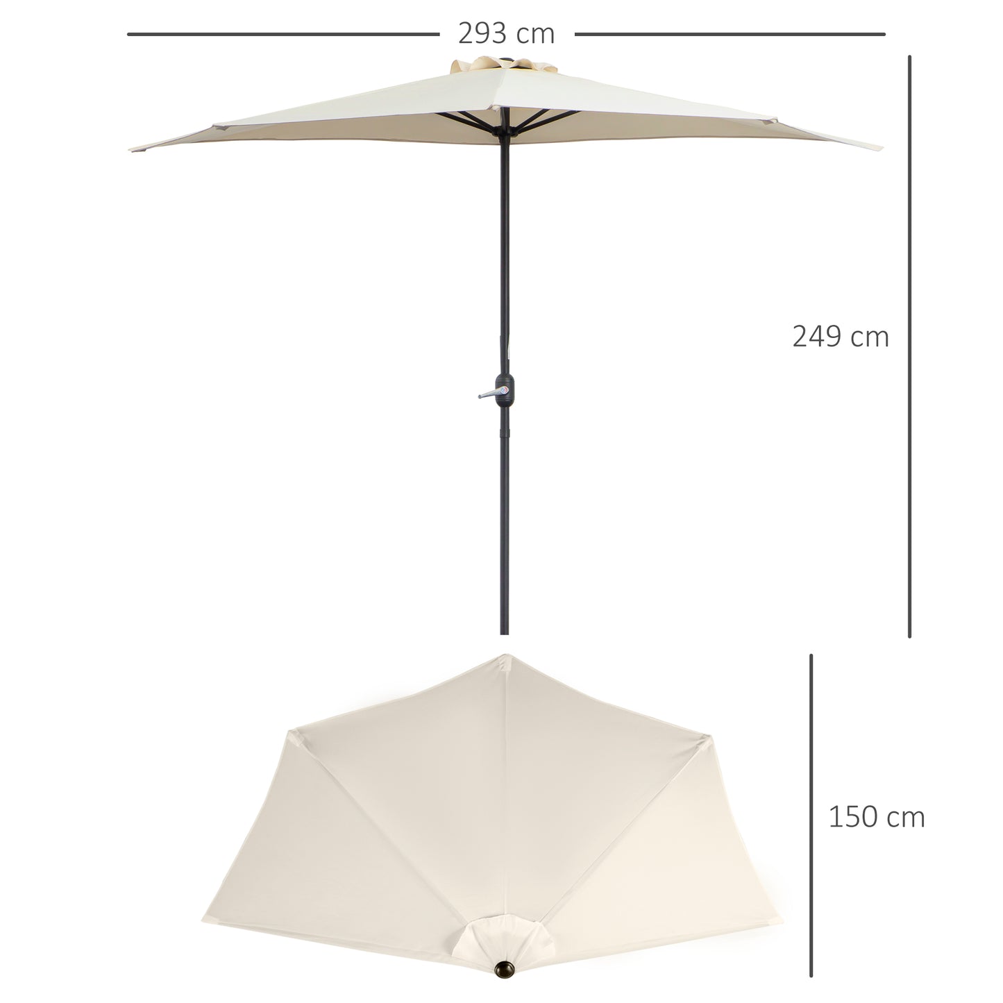 3(m) Half Parasol, Semi Round Umbrella with Metal Frame, Crank Handle for Balcony, Garden, Cream White