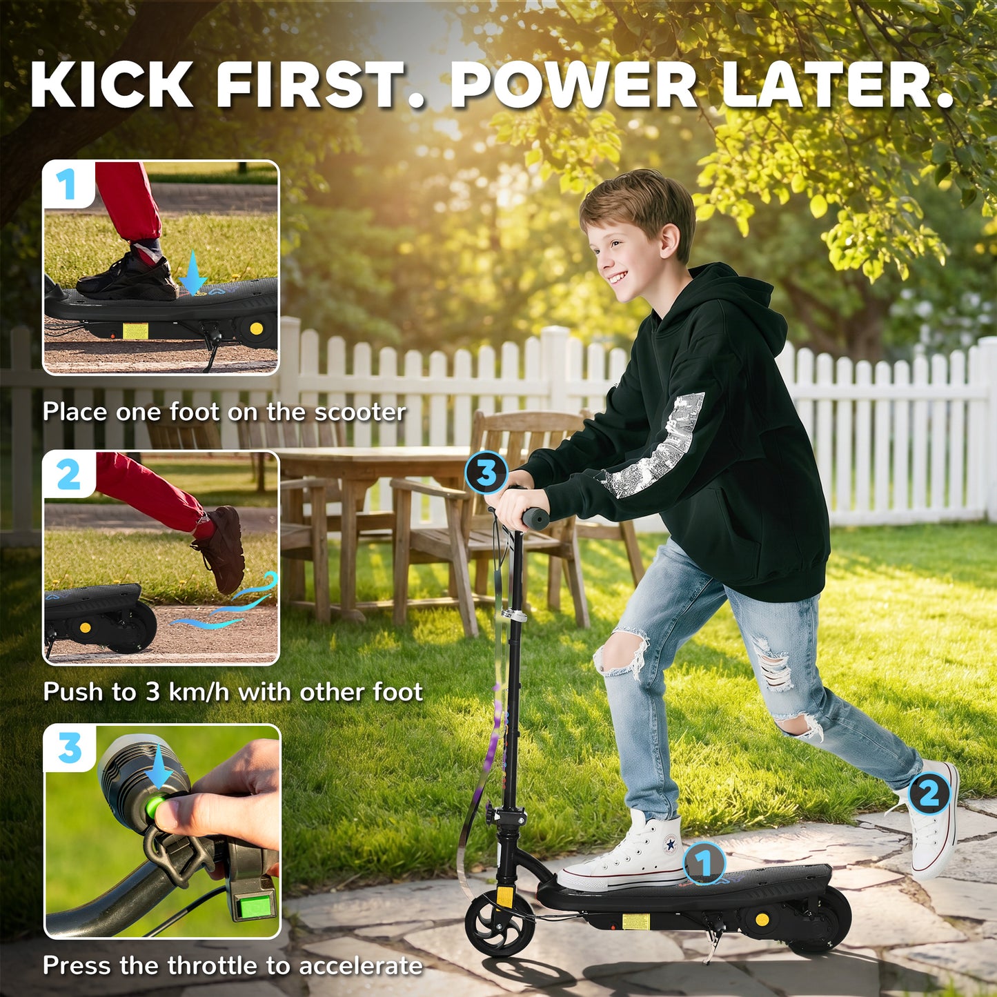 Foldable Electric Scooter, with LED Lights, for Ages 7-14 Years, Black