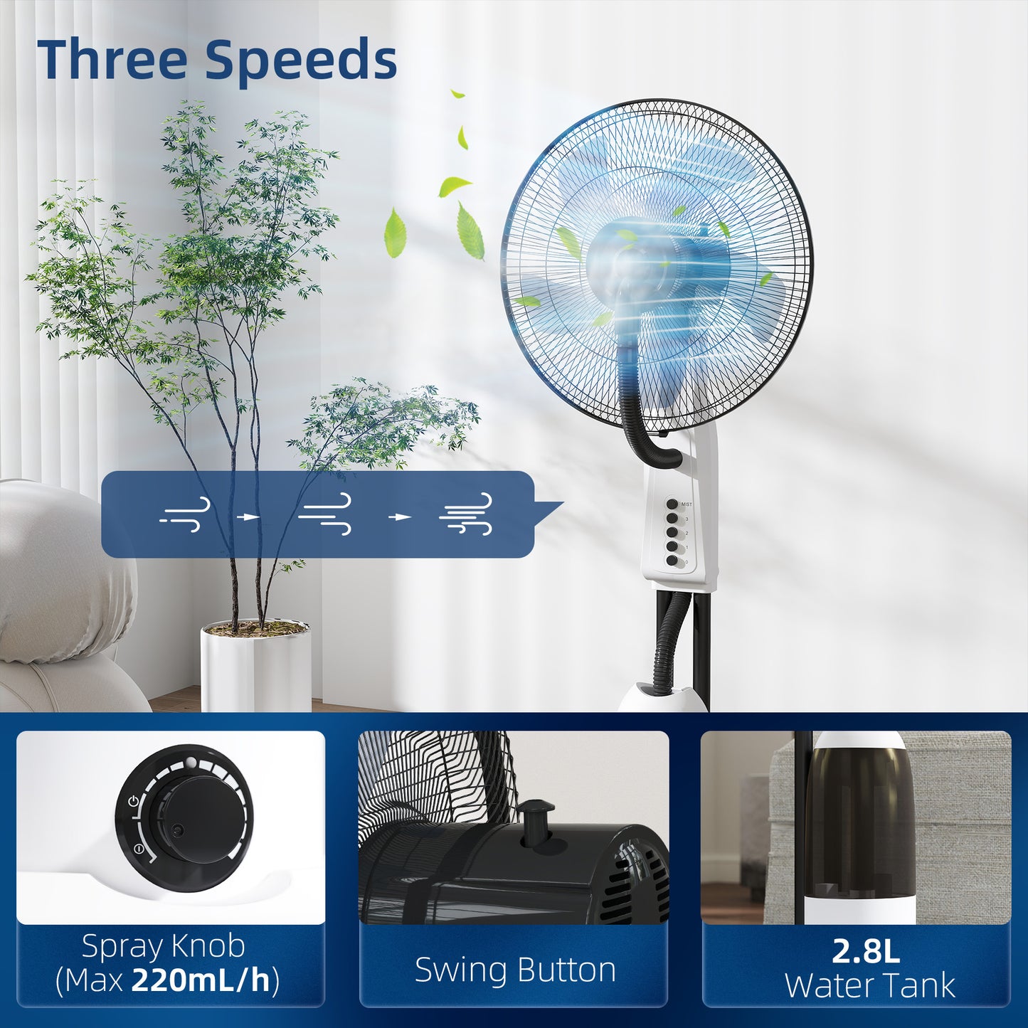Spray Misting Fan, Floor Fan with Water Mist Spray, 70° Oscillation, Tilt Head, 3 Speeds, 2.8L Water Tank, White