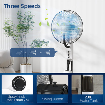 Spray Misting Fan, Floor Fan with Water Mist Spray, 70° Oscillation, Tilt Head, 3 Speeds, 2.8L Water Tank, White