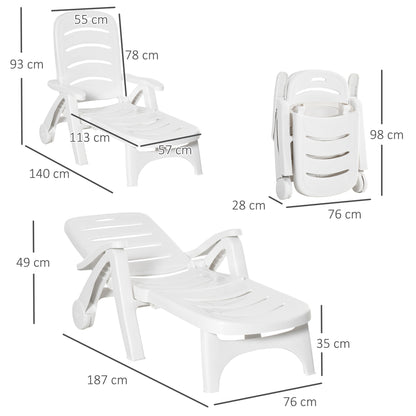 Outdoor Folding Sun Lounger Recliner on Wheels w/ 5-Position Backrest, White