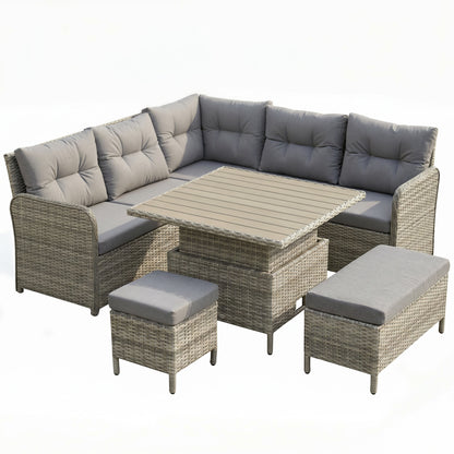 7 Seater Rattan Garden Furniture Set, 6 Piece Patio Dining Set with Liftable Coffee Table and Soft Padded Cushion