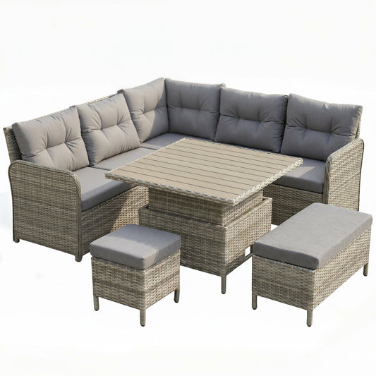 7 Seater Rattan Garden Furniture Set, 6 Piece Patio Dining Set with Liftable Coffee Table and Soft Padded Cushion