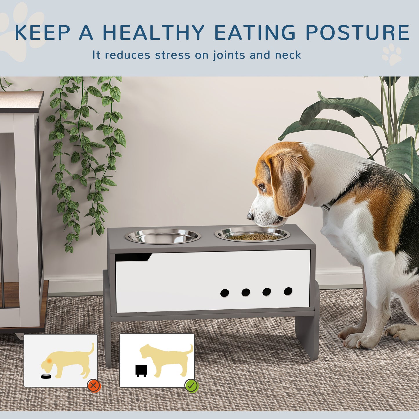 3 Height Adjustable Raised Dog Bowls, Dog Feeding Storage Station w/ Slow Feeder Mat, 2 Stainless Steel Bowls