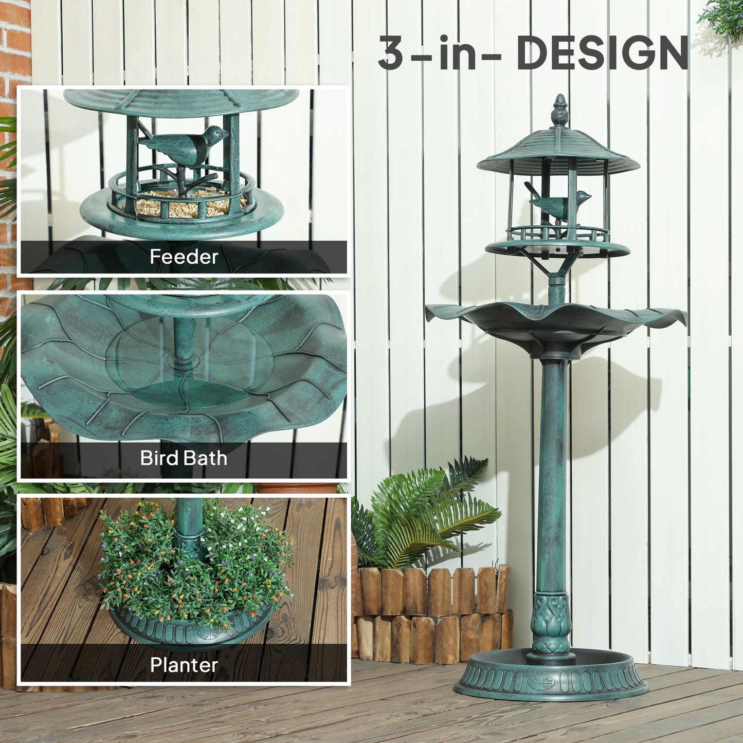 3-in-1 Garden Bird Bath, Freestanding Birdbath with Large Water Basin, Underneath Flower Planter, Φ50 x 113 cm, Green